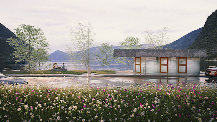 Illustrasjon av toalettbygg og rasteplass ved fjorden.