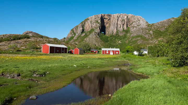 Et gårdsbruk i forkant av fjellet Torghatten.