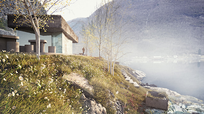 Toalettbygg og rastemøbler, trapp ned til fjorden.