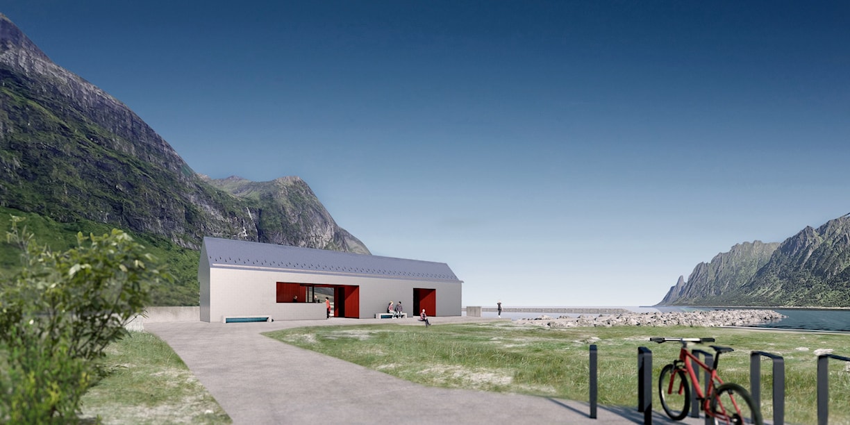 Illustrasjon av et lavt, avlangt bygg ved en strand, omgitt av fjell og hav. Foran bygget går en gangvei gjennom et gressområde, med benker, sykkelparkering og noen personer som oppholder seg ute.