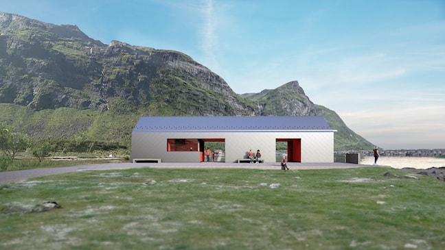 llustrasjon av et lavt, avlangt bygg ved en strand, omgitt av fjell og hav. Foran bygget går en gangvei gjennom et gressområde, med benker, sykkelparkering og noen personer som oppholder seg ute.