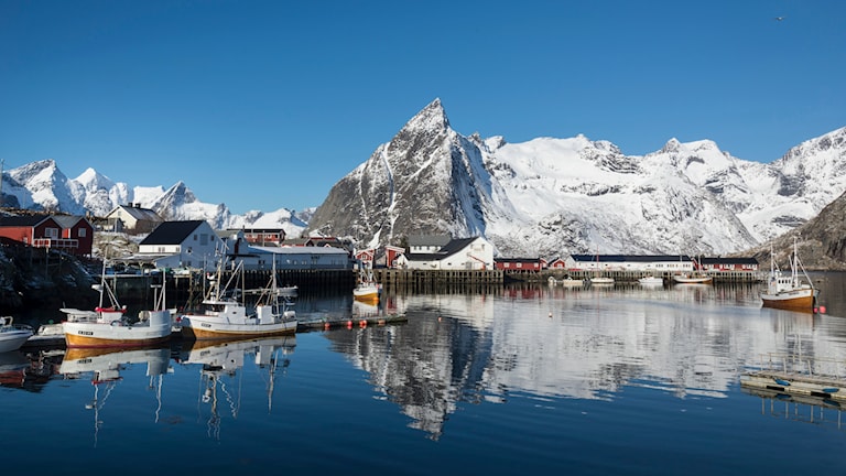 Skagsanden strand med fjell i bakgrunnen.