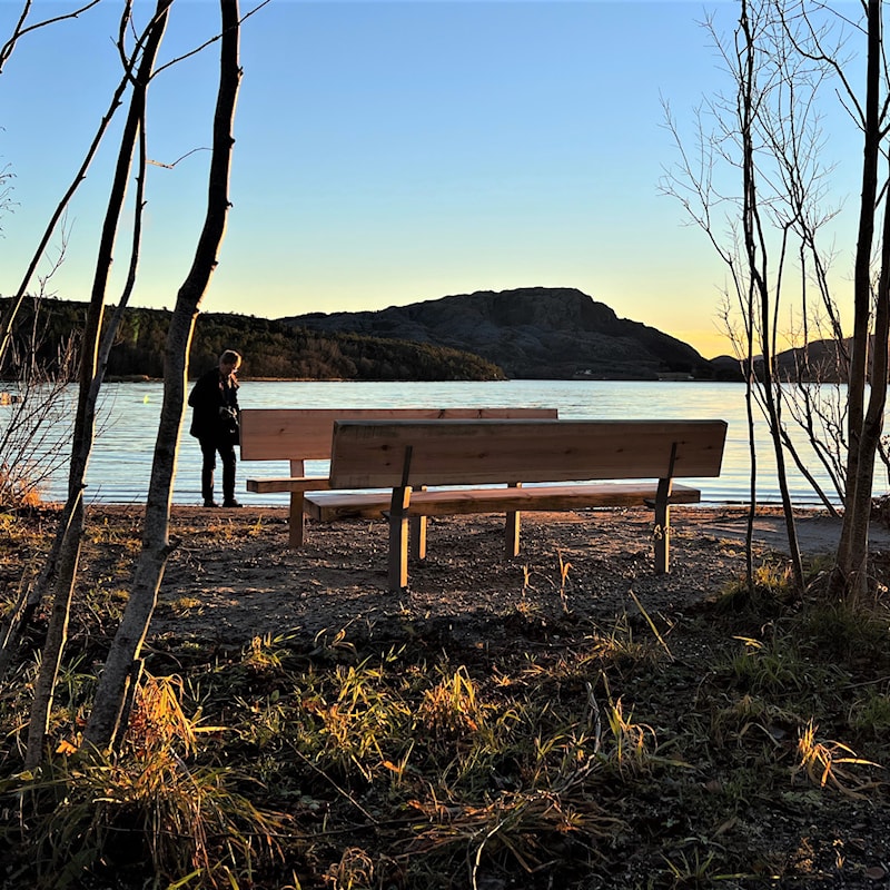 Rastemøbler ved vannet.