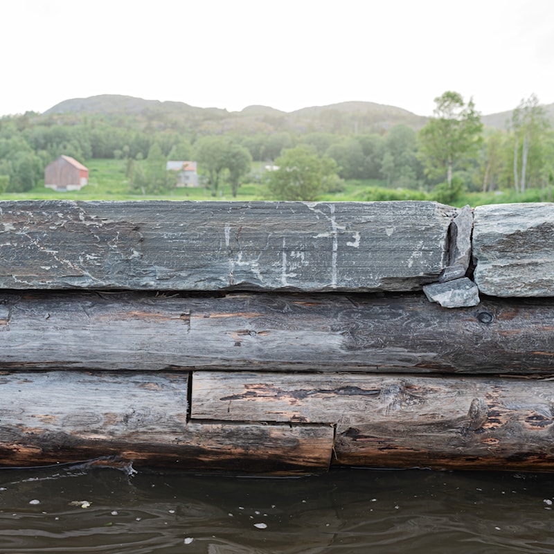 Detalj av vorr, tømmer og stein.