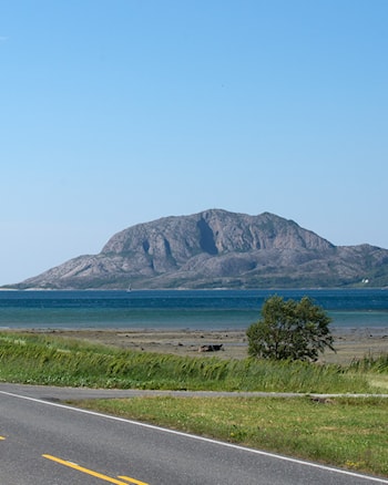 Turistveg med hav og fjellet Torghatten i det fjerne.