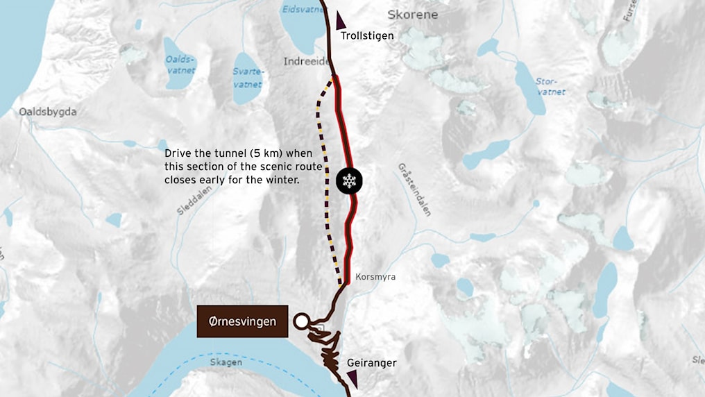 Kart som viser alternativ rute.