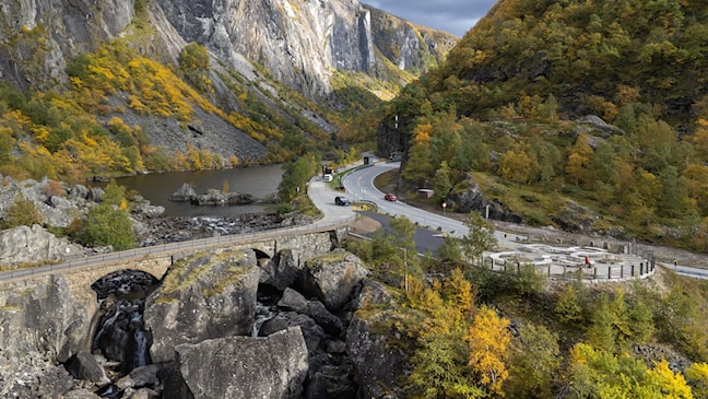Oversiktsbilde av rasteplassen, riksveg 7 og Måbø bru.