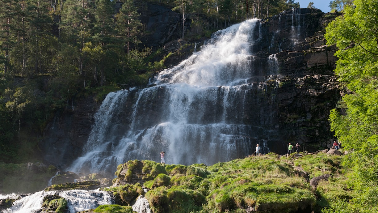 Grønn vegetasjon og mye vann. En kommer nære inn til fossen.