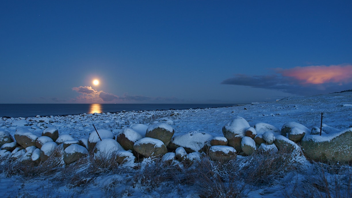 Måneskinn over steingjerde ved Varhaug.